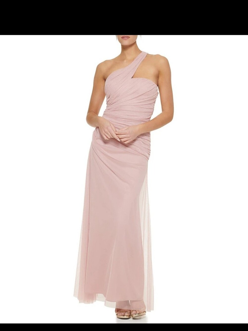 DKNY By Donna Karan One Shoulder Ruched Mesh Long Dress